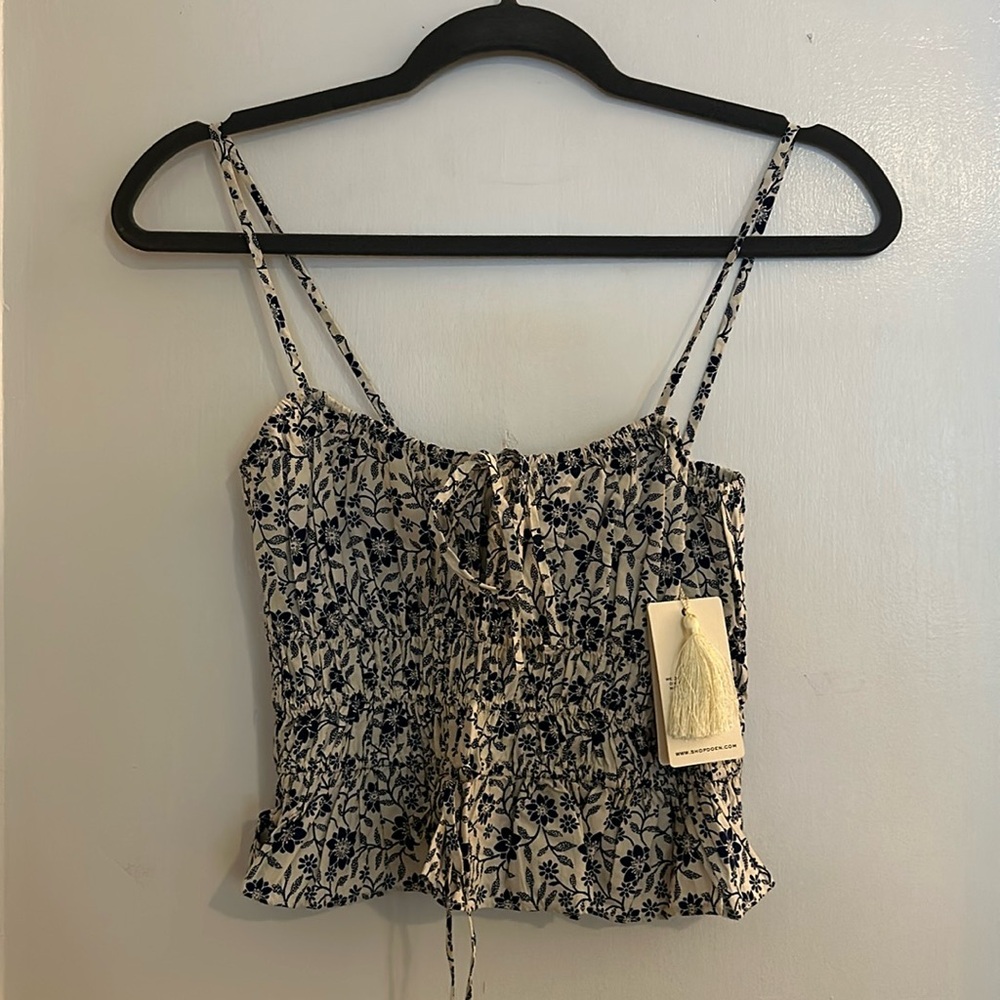 Doen Cream and Navy Floral Smocked Tank Top
